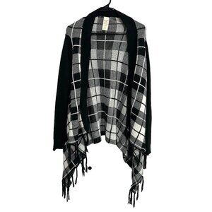 Faded Glory Black White Plaid Open Front Cardigan Wrap Sweater Sz L Fringe